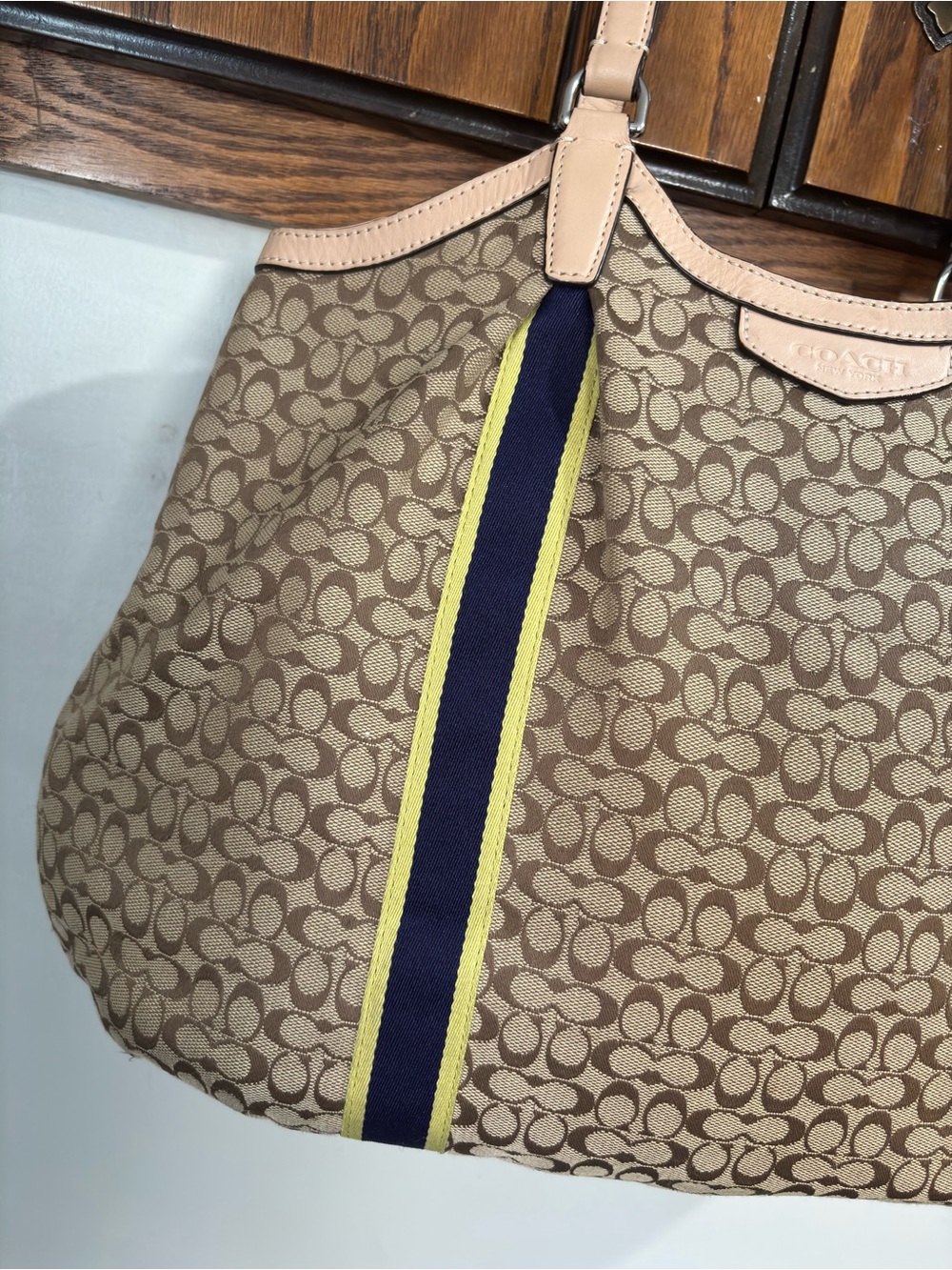 Coach Slouchy Brown Canvas Hobo Tote Purse Leather Trim Navy Yellow Stripes - Picture 3 of 16